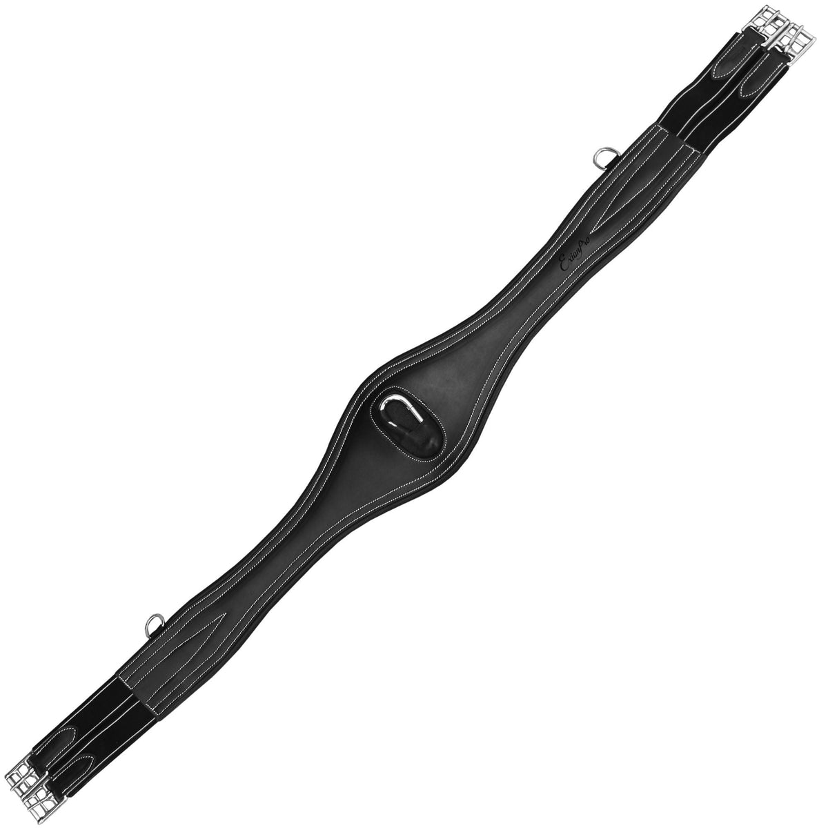 Black contoured girth with black elastic ends, a center ring and stainless buckles, flat on white