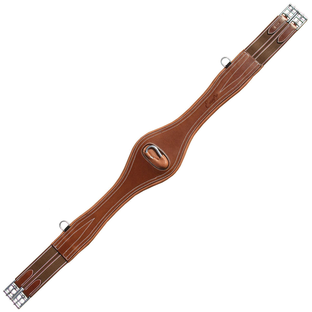 Tan brown contoured girth with white stitching, brown elastic ends and stainless buckles, flat on white