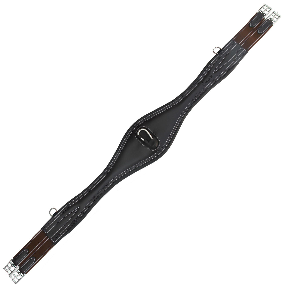 Dark contoured girth with brown elastic ends, white stitching, a center ring and stainless buckles, flat on white