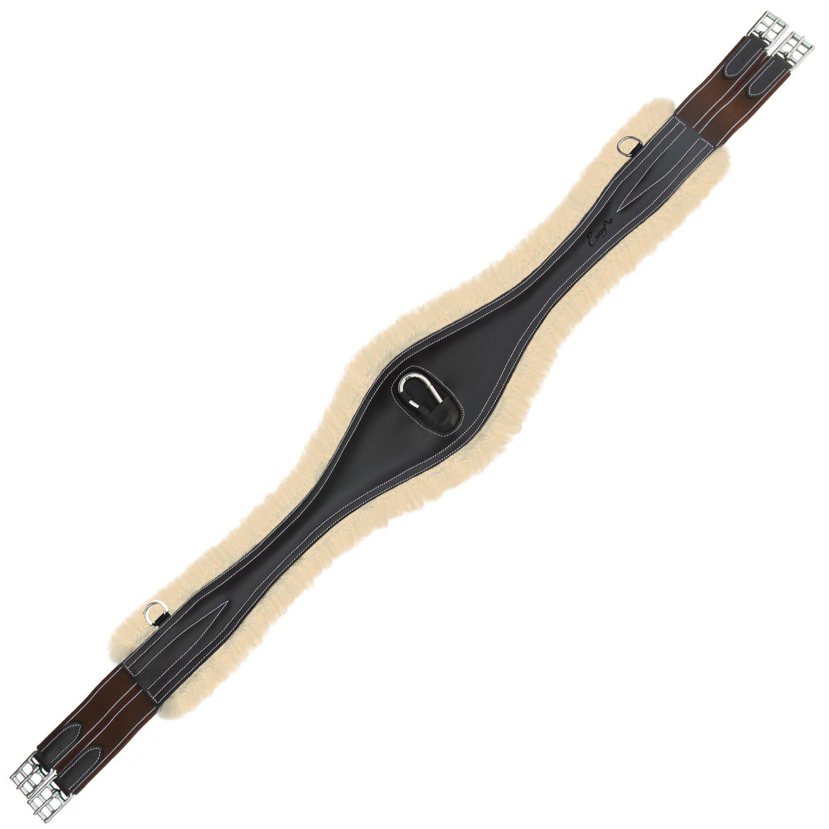 Dark contoured girth fitted with a cream fleece liner, brown elastic ends and stainless buckles, flat on white