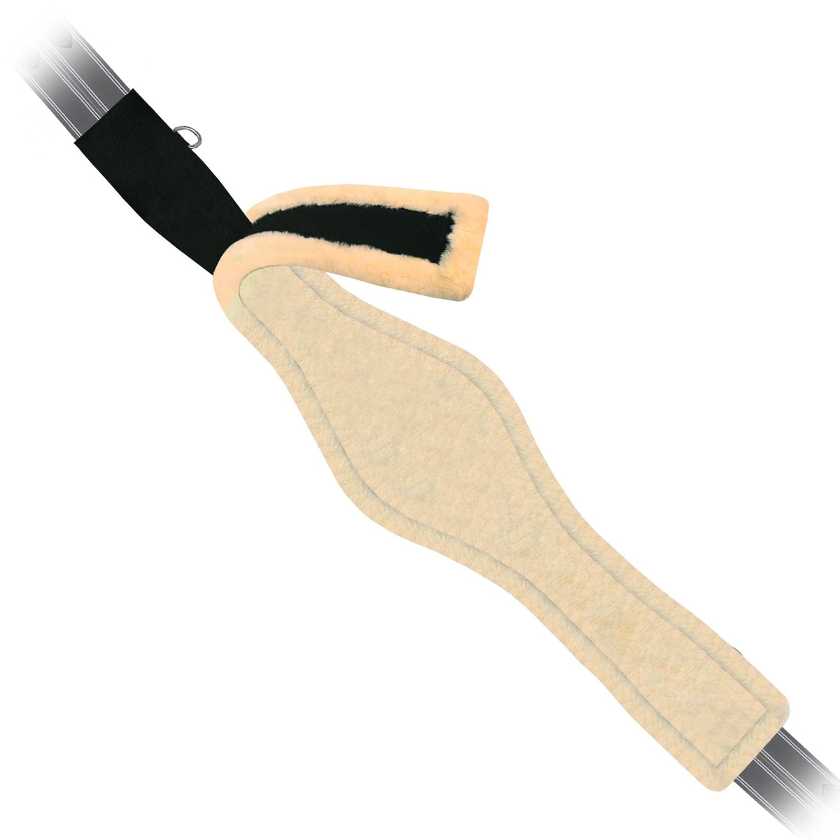Underside of the girth showing the cream fleece liner, one end peeled back to reveal its black backing strip