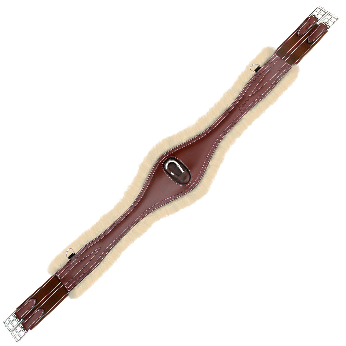 Reddish brown contoured girth fitted with a cream fleece liner and brown elastic ends, flat on white