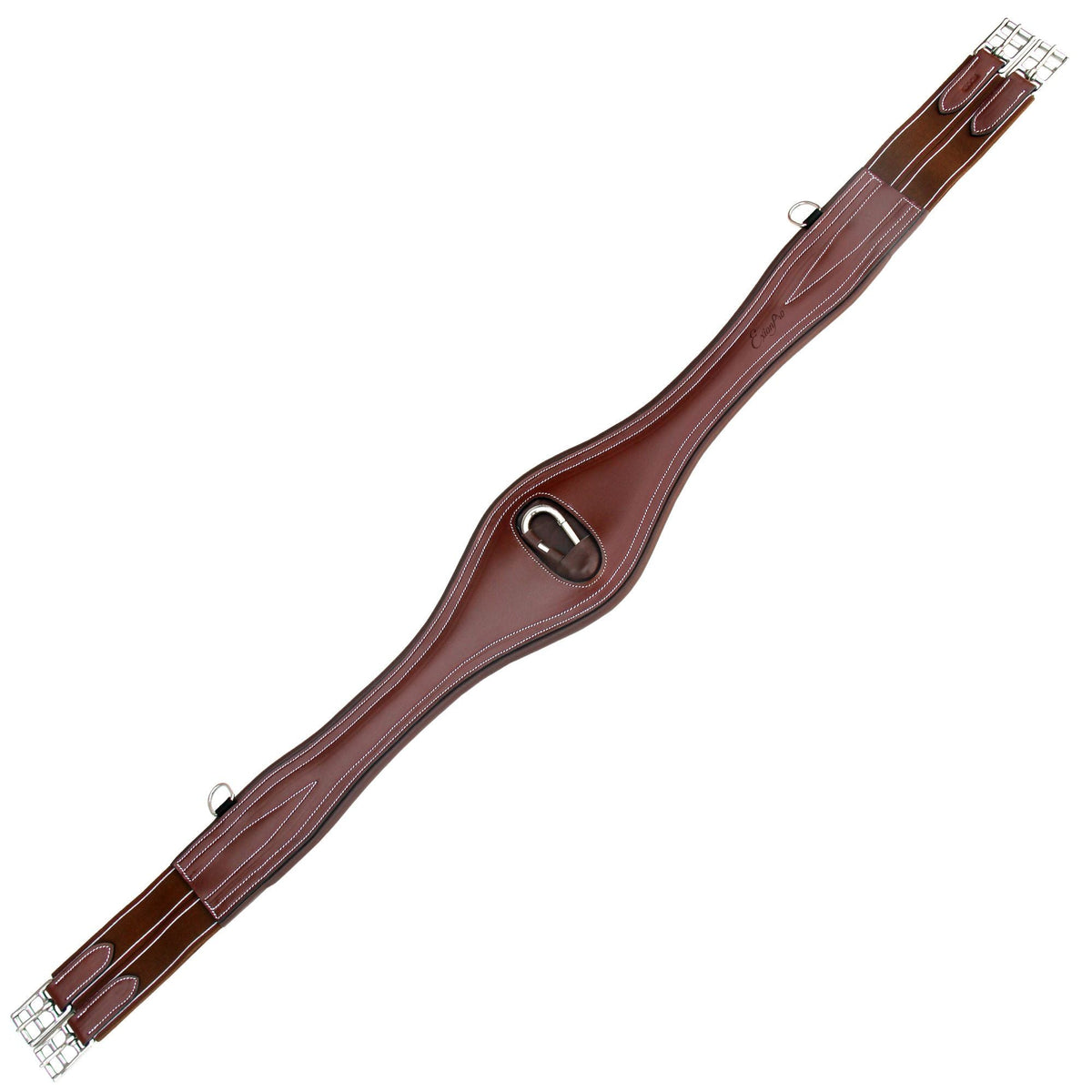 Reddish brown contoured girth with brown elastic ends, white stitching and a center ring, flat on white