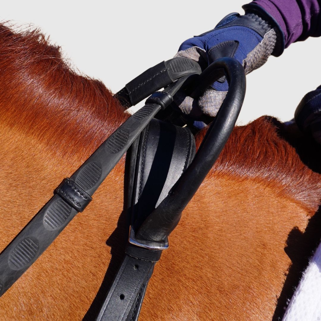 Close-up of a rider's gloved hand holding a black neck strap loop above the reins