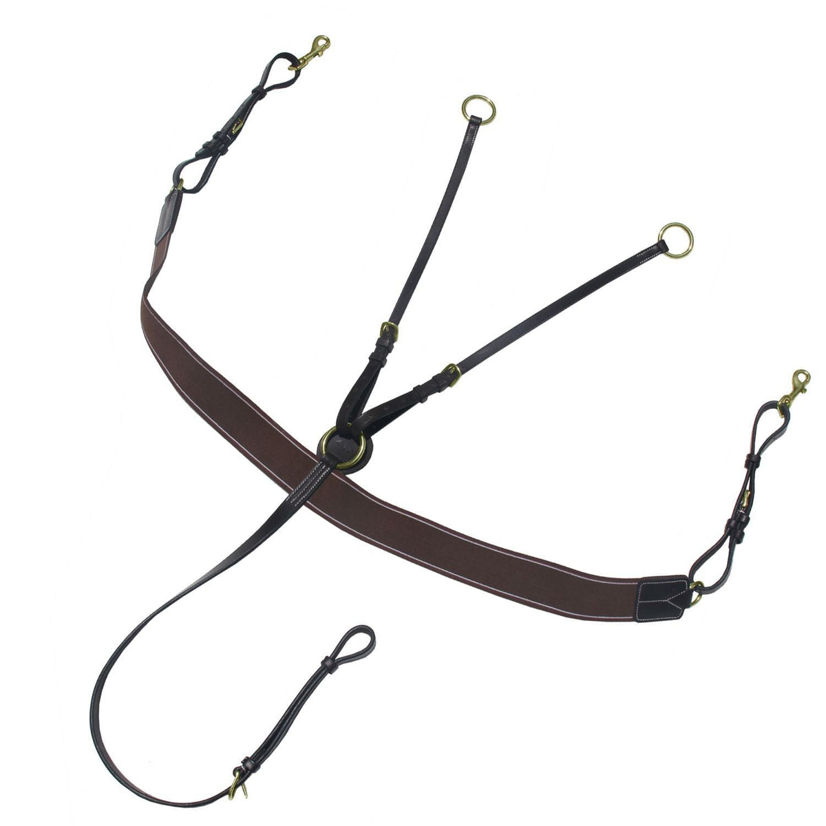 Dark brown elastic breastplate with brass snaps and brass rings on the running fork, on white