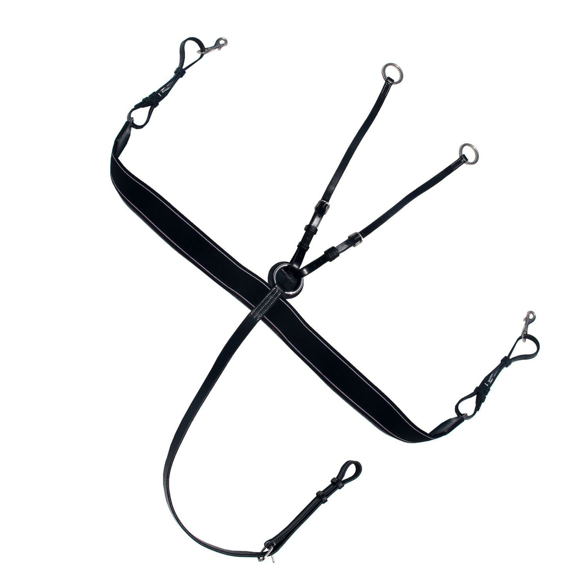Black elastic breastplate with a running attachment, rings and a girth strap, laid flat on white