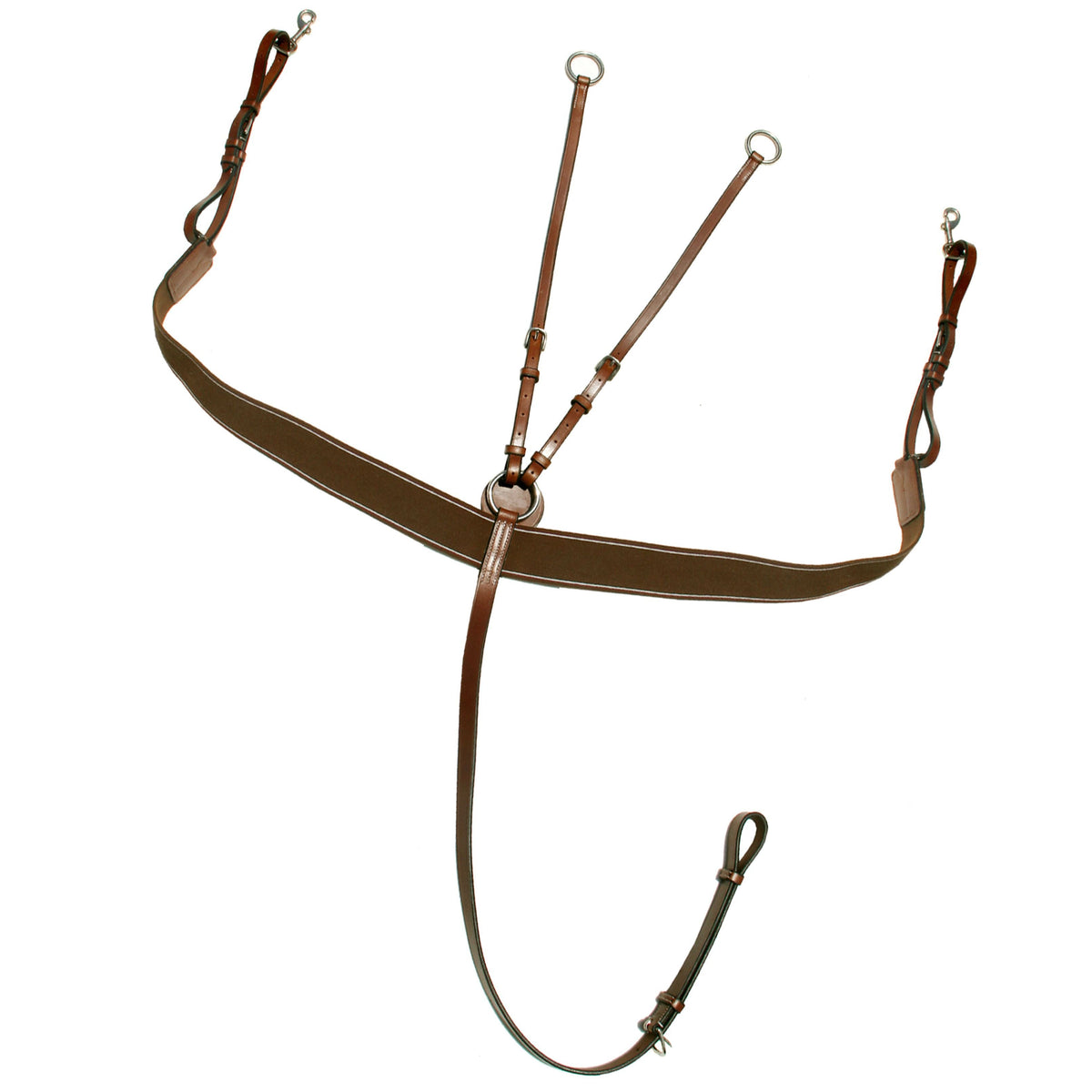 Tan brown breastplate with an elastic chest strap, running fork and girth loop, shown on white