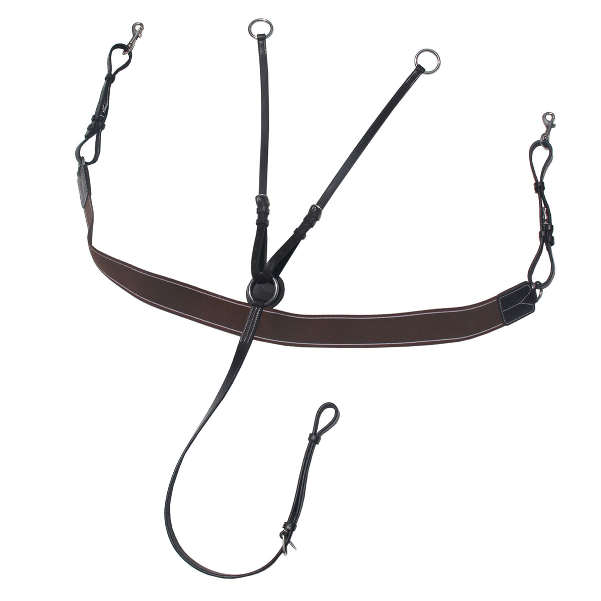 Dark brown elastic breastplate with a running attachment, snaps and a girth strap, laid flat on white