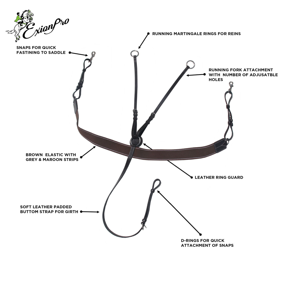 ExionPro diagram of the brown breastplate labeling the snaps, running fork, elastic and girth strap