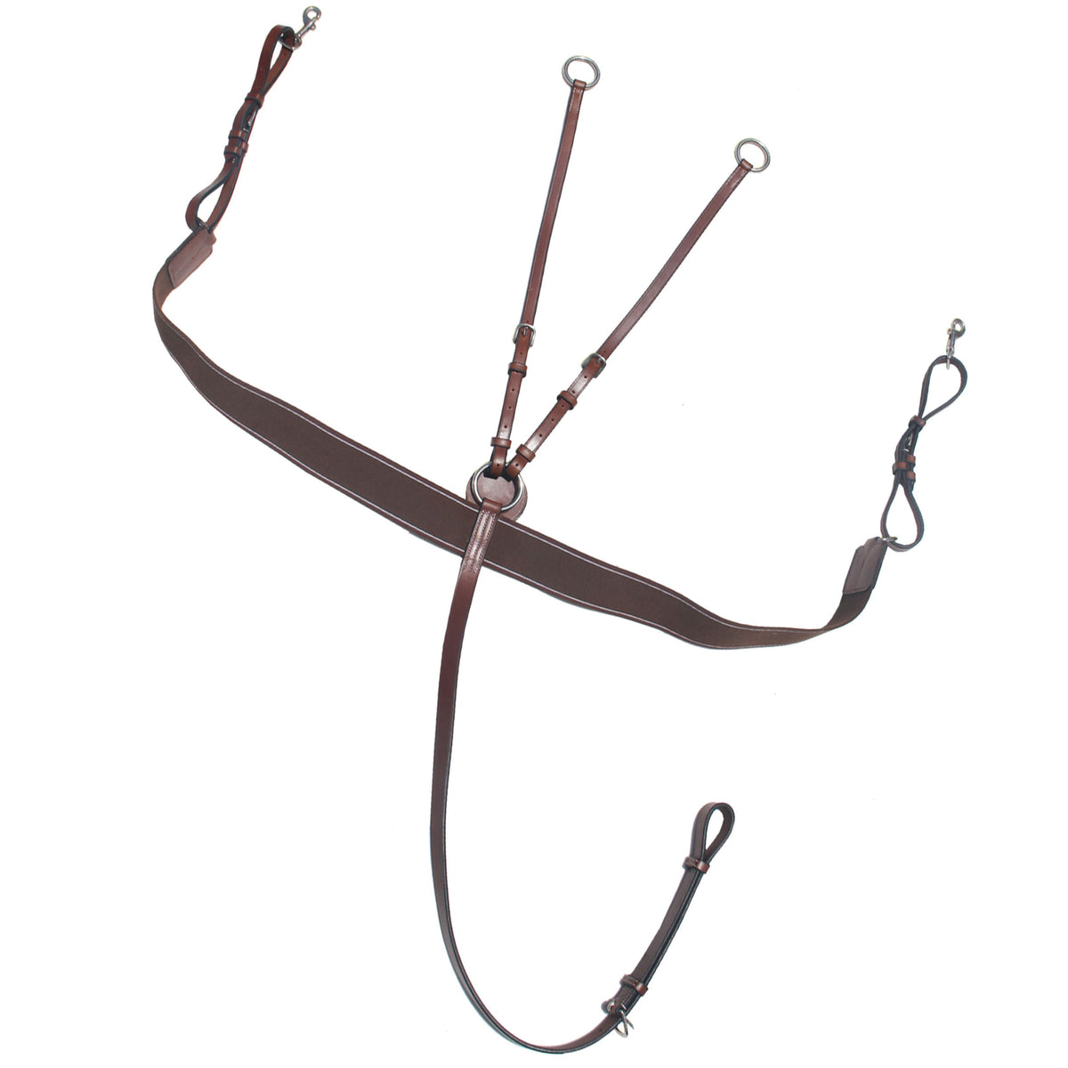 Reddish brown breastplate with an elastic chest strap and running fork, shown on white