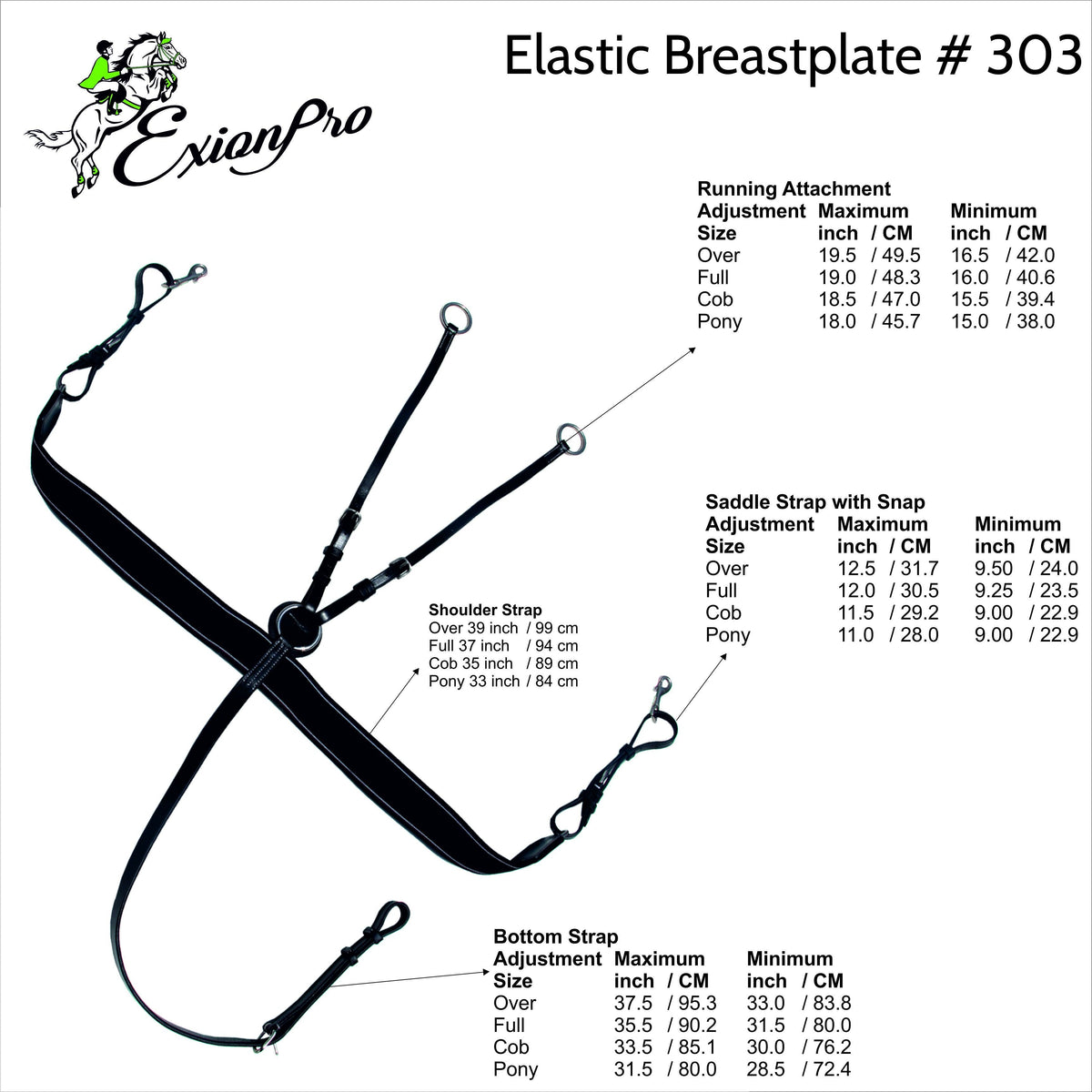 ExionPro size chart for breastplate 303 listing strap lengths in inches and cm for Over, Full, Cob and Pony