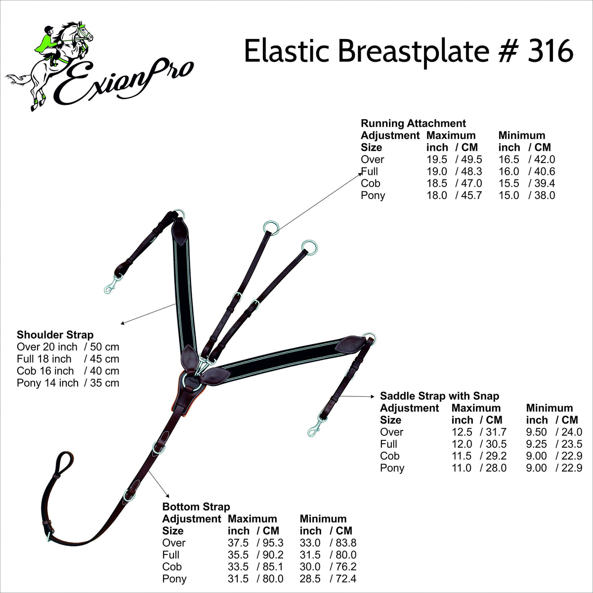 ExionPro size chart for the elastic breastplate, listing strap measurements in inches and centimeters by size