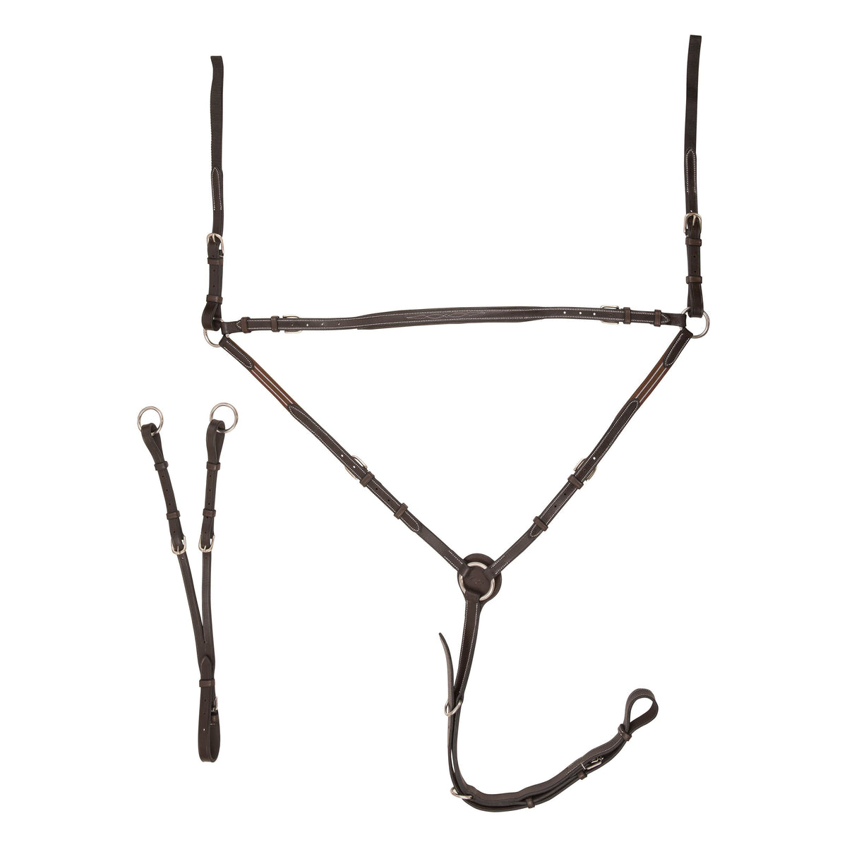 Dark brown hunting breastplate with a neck strap, center ring and separate attachment straps, on white