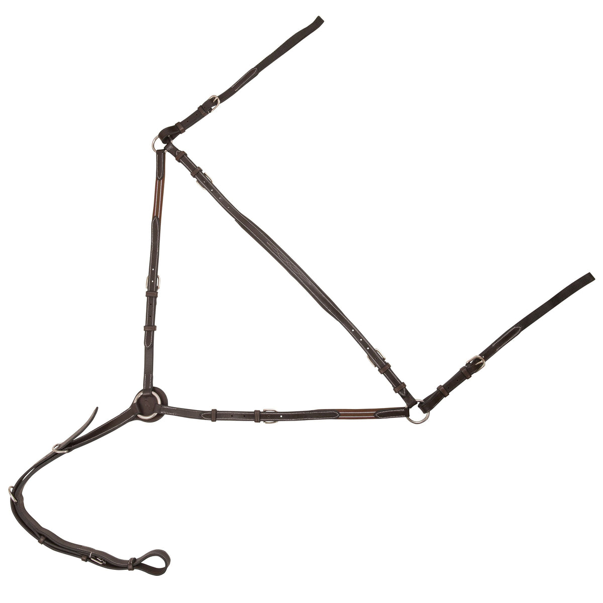 Dark brown hunting breastplate laid out at an angle, showing the center ring and buckles