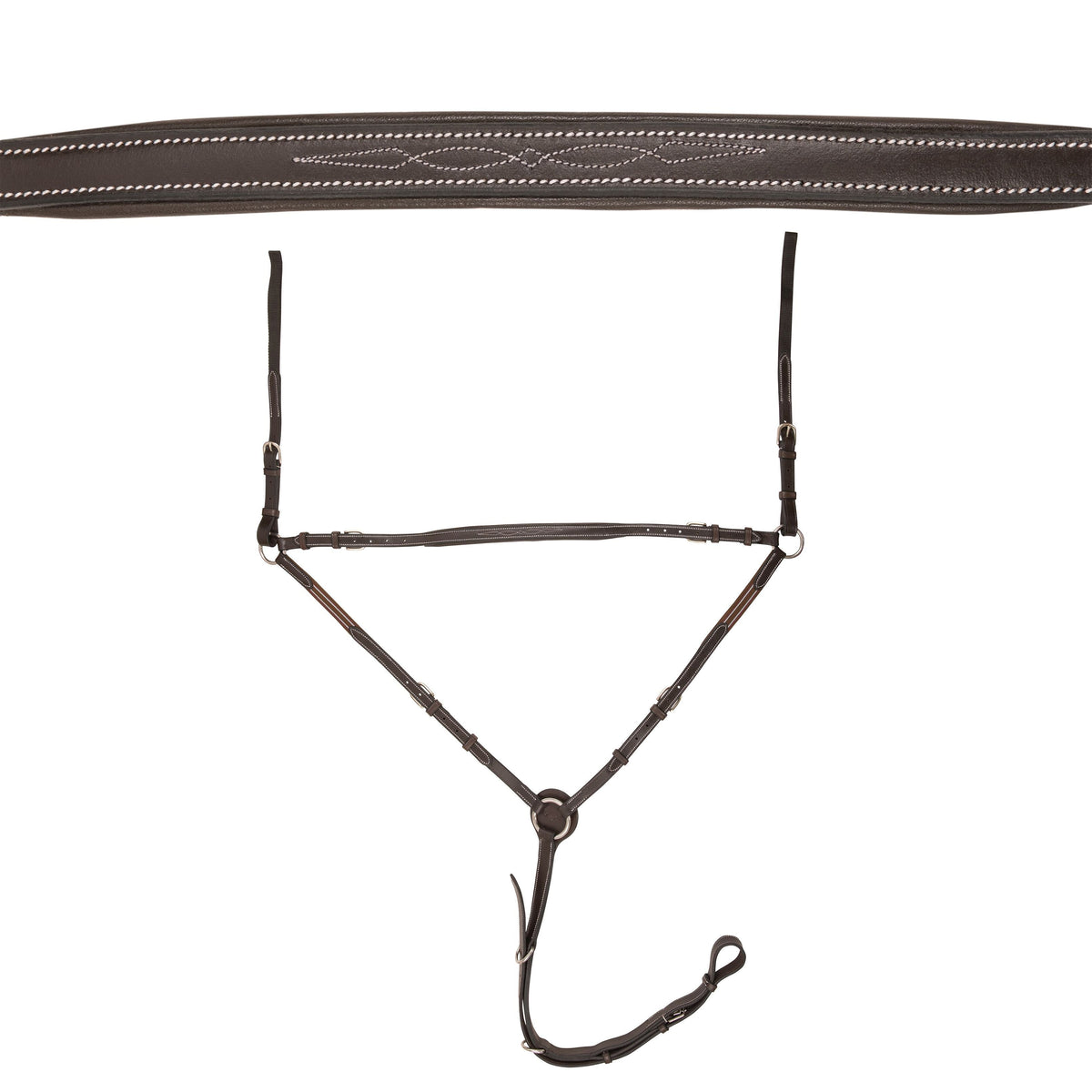 Dark brown breastplate with a close inset of the decorative stitching on the neck strap