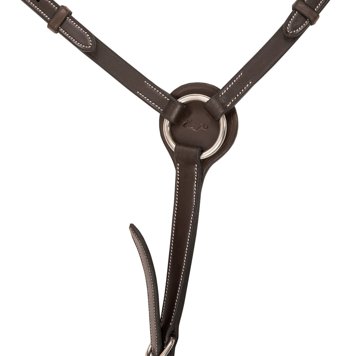 Close detail of the breastplate center ring with white contrast stitching on dark brown leather