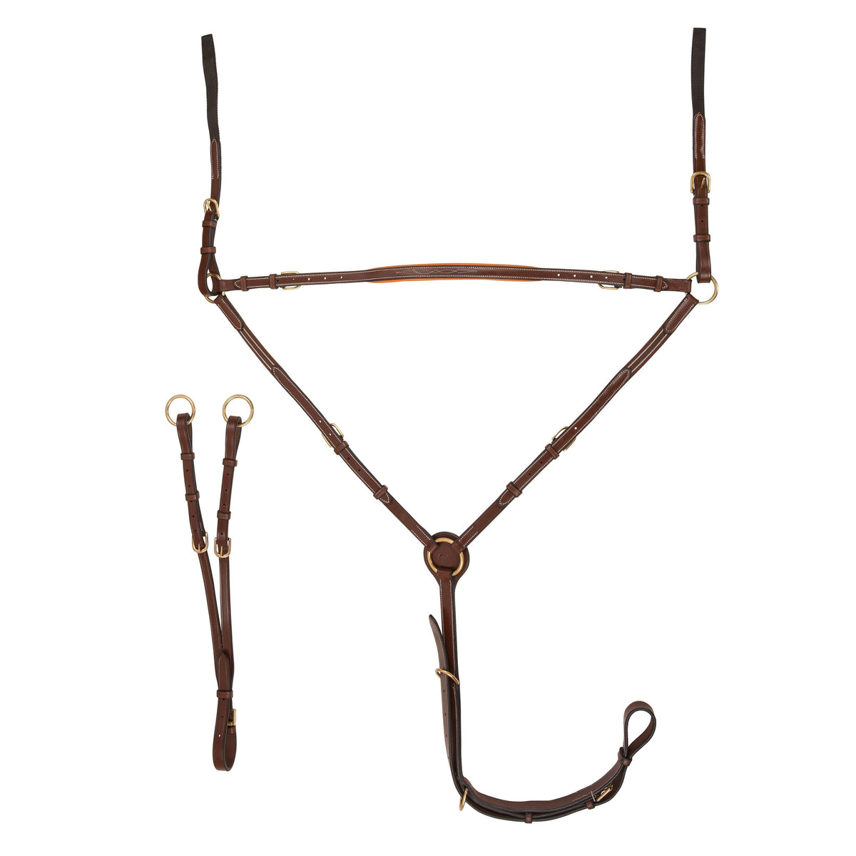 Reddish brown hunting breastplate with brass-toned rings and separate attachment straps, on white