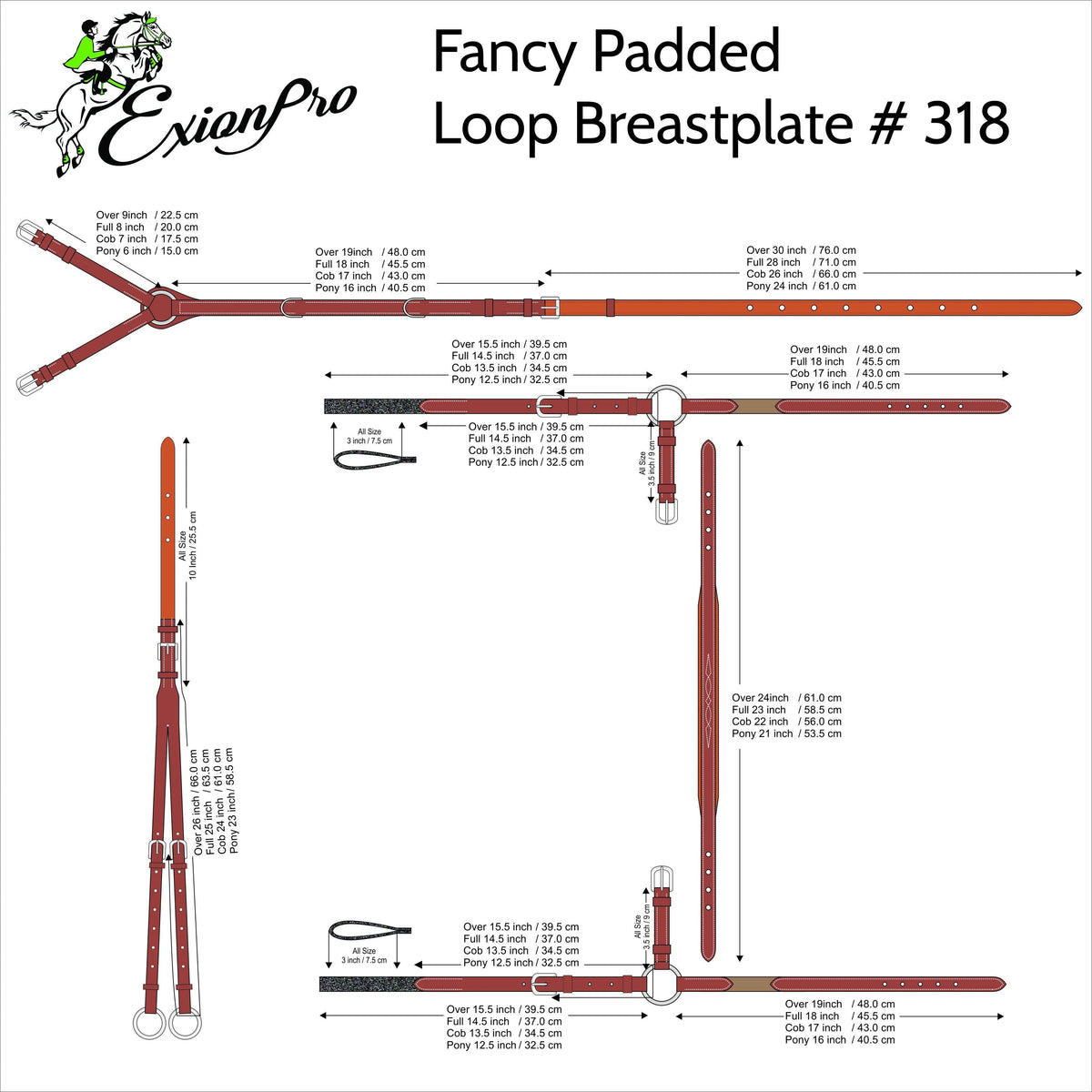 ExionPro measurement diagram of the breastplate straps in Pony, Cob, Full and Oversize lengths