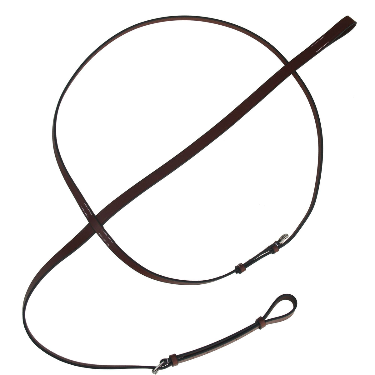 Brown leather standing martingale with silver fittings, laid in a loop on white