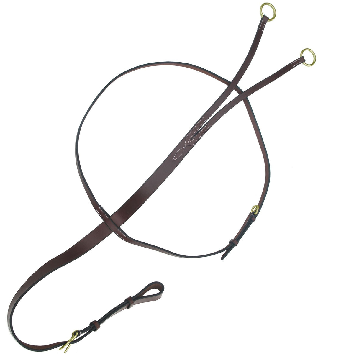 Dark brown running martingale with brass rings and brass buckles, laid out on white