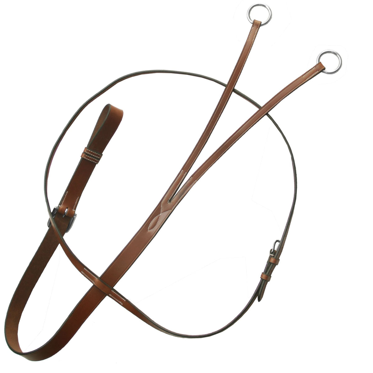 Tan brown running martingale with a neck strap and two steel rings, laid out on white