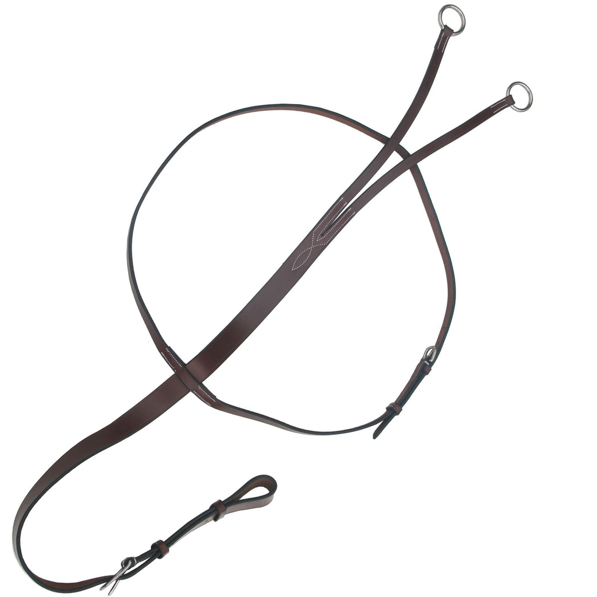 Dark brown running martingale with a neck strap, two steel rings and a buckle girth loop, laid out on white