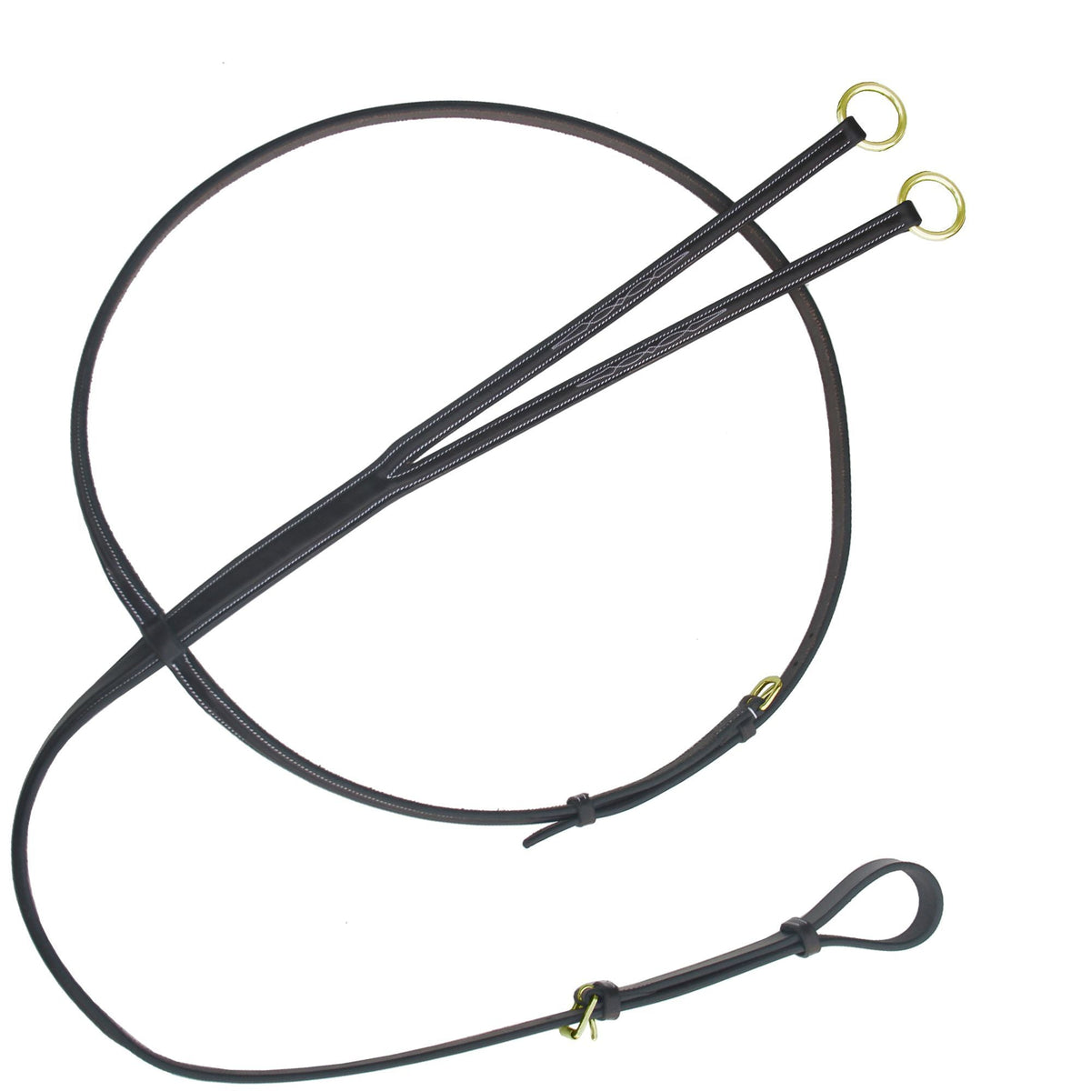 Dark brown running martingale with brass rings and brass buckles, coiled on white