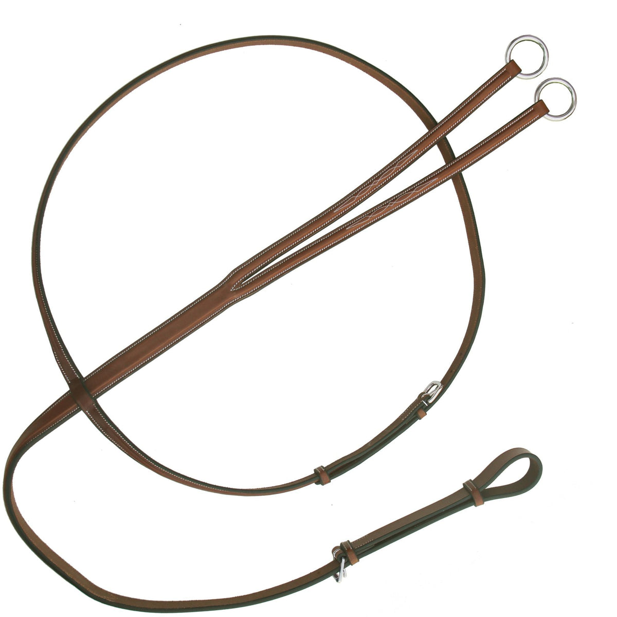 Tan brown running martingale with steel rings and a buckled neck strap, on white