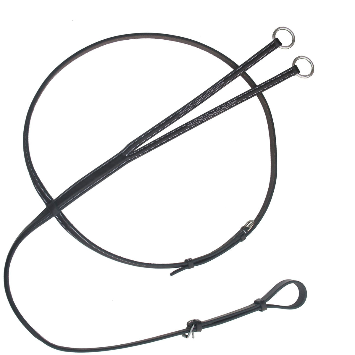 Dark brown running martingale with steel rings and a neck strap, coiled on white