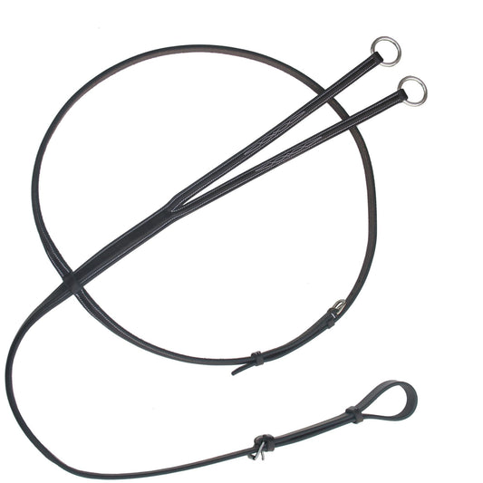 Dark brown running martingale with steel rings and a neck strap, coiled on white