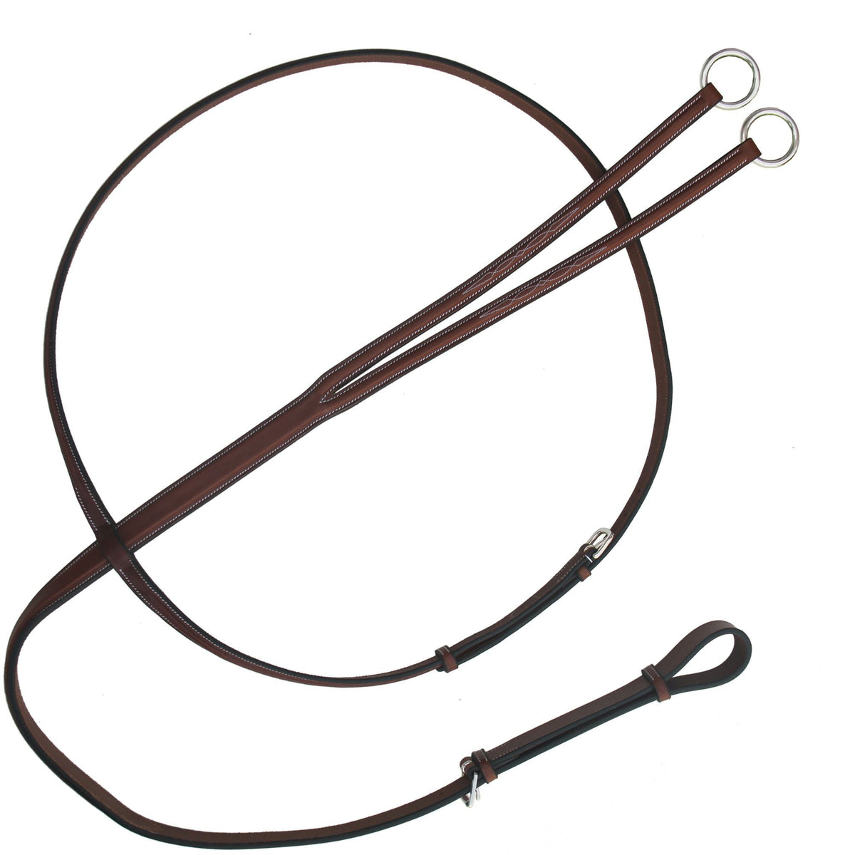 Reddish brown running martingale with steel rings and a neck strap loop, on white
