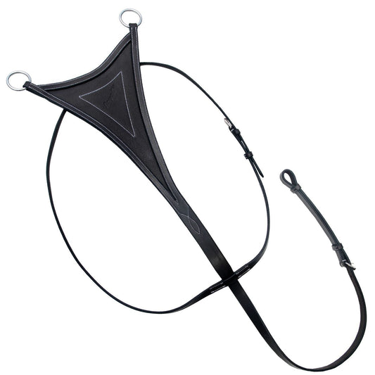 Dark leather bib running martingale with a stitched triangular bib and rein ring, laid out on white
