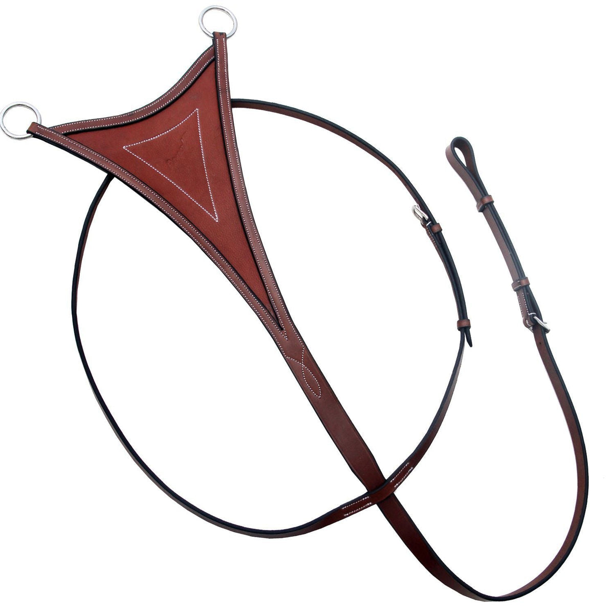 Reddish brown leather bib running martingale with white stitching, laid out on white