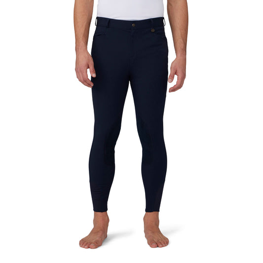 Navy men's knee patch breeches with belt loops and a front pocket, front view on a model on white