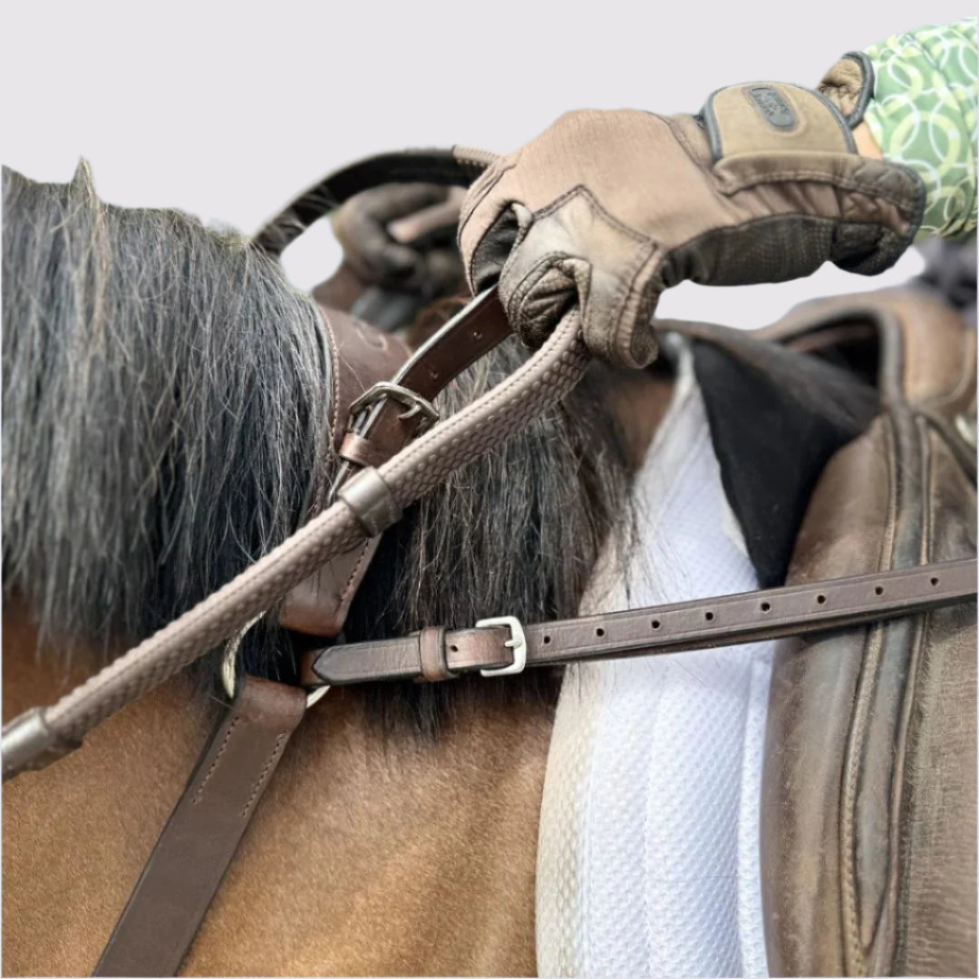 Gloved hand gripping a leather neck strap above a horse's dark mane, with the saddle strap buckled