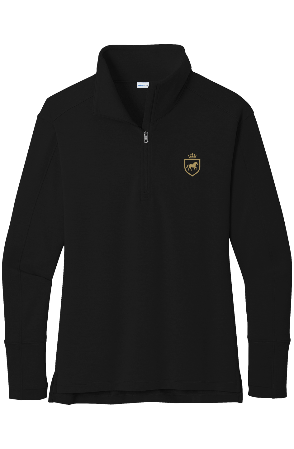 Black quarter-zip pullover with a stand collar and a small gold horse crest on the left chest, flat front view on white