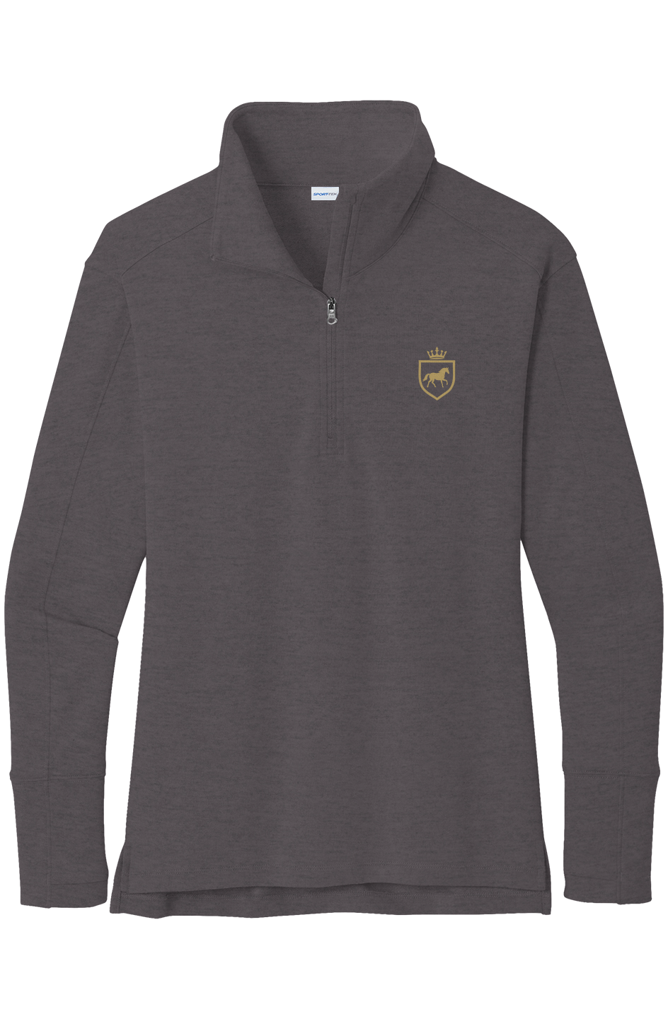 Charcoal heather quarter-zip pullover with a stand collar and a small gold horse crest on the left chest, front view on white