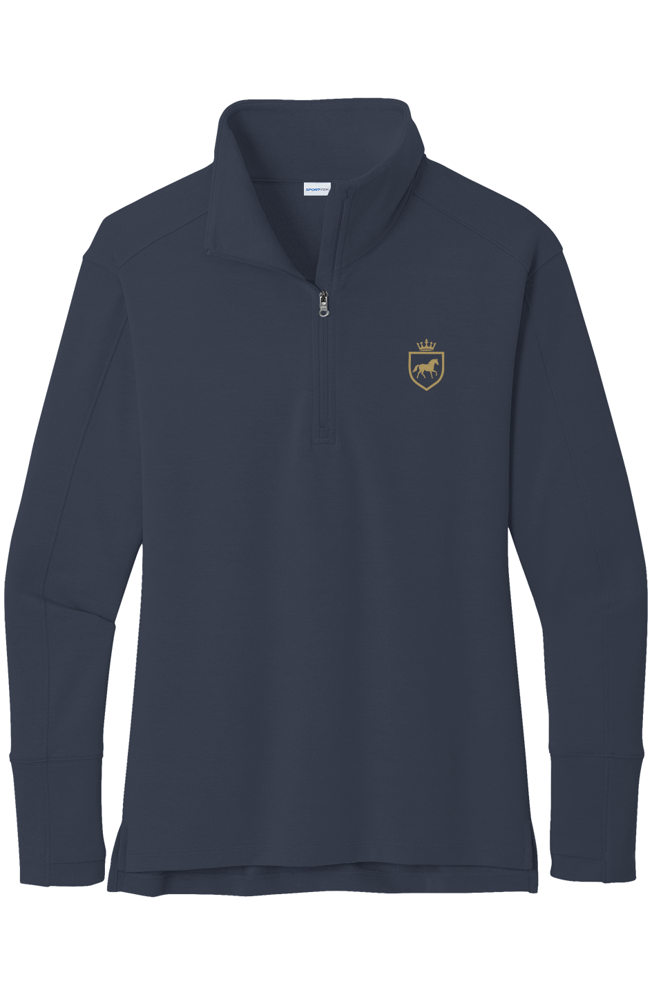 Navy quarter-zip pullover with a stand collar and a small gold horse crest on the left chest, flat front view on white