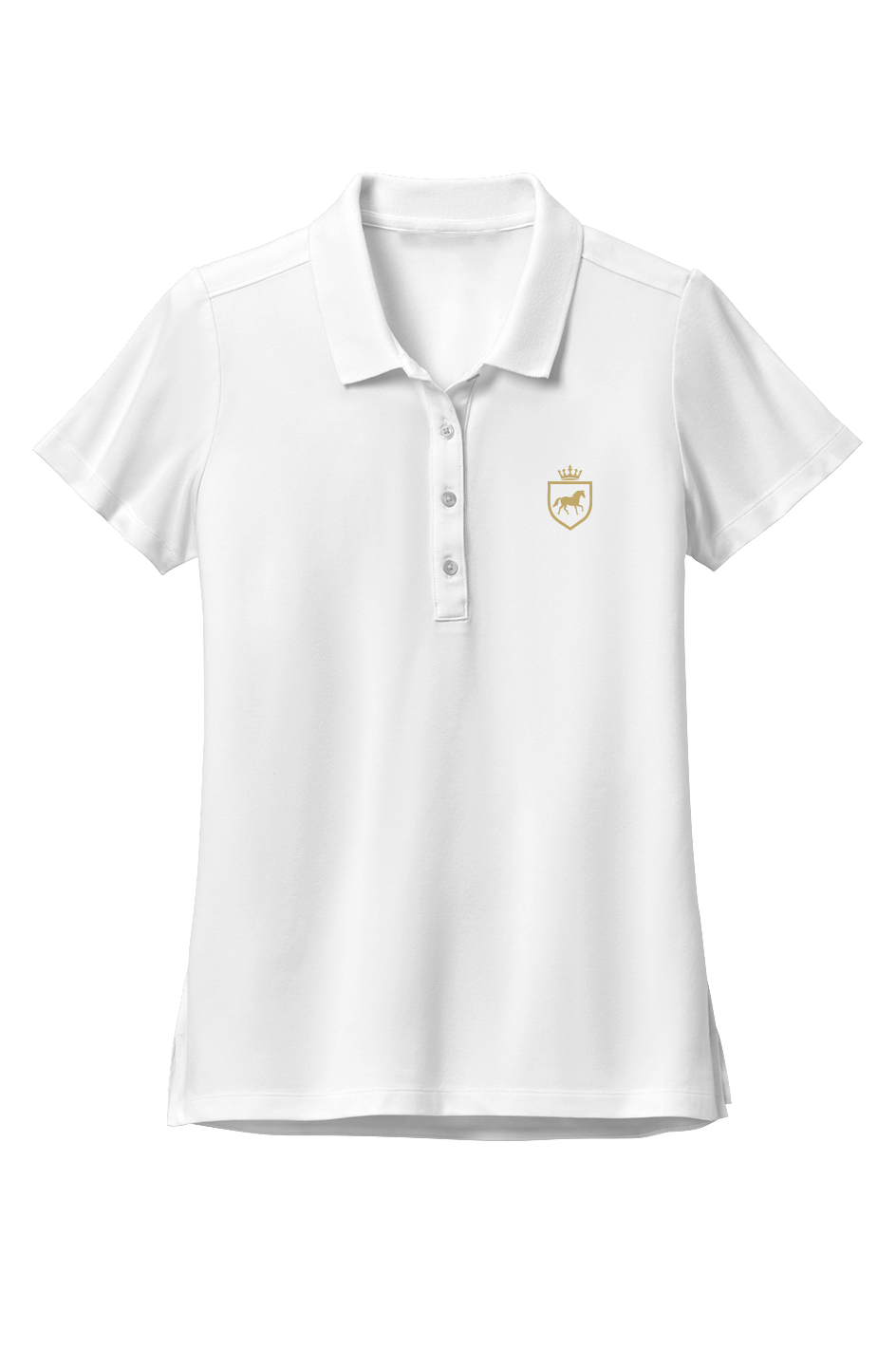 White short sleeve polo on white, flat front view with a buttoned placket and a small gold horse crest on the chest