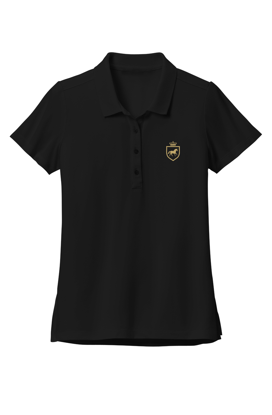 Black short sleeve polo on white, flat front view with a buttoned placket and a small gold horse crest on the left chest