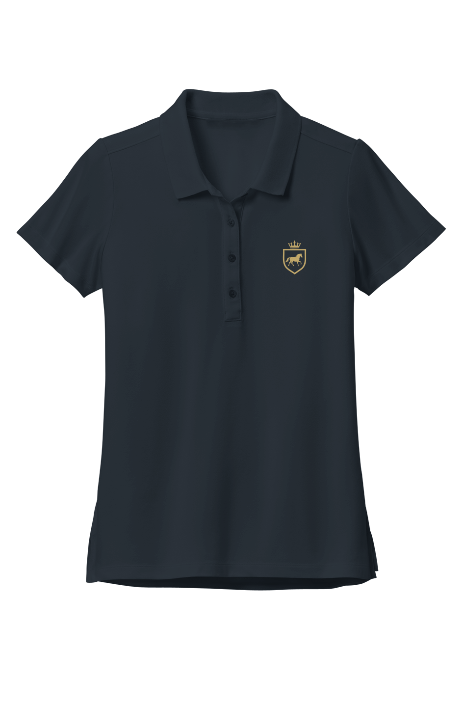 Dark navy short sleeve polo on white, flat front view with a buttoned placket and a small gold horse crest