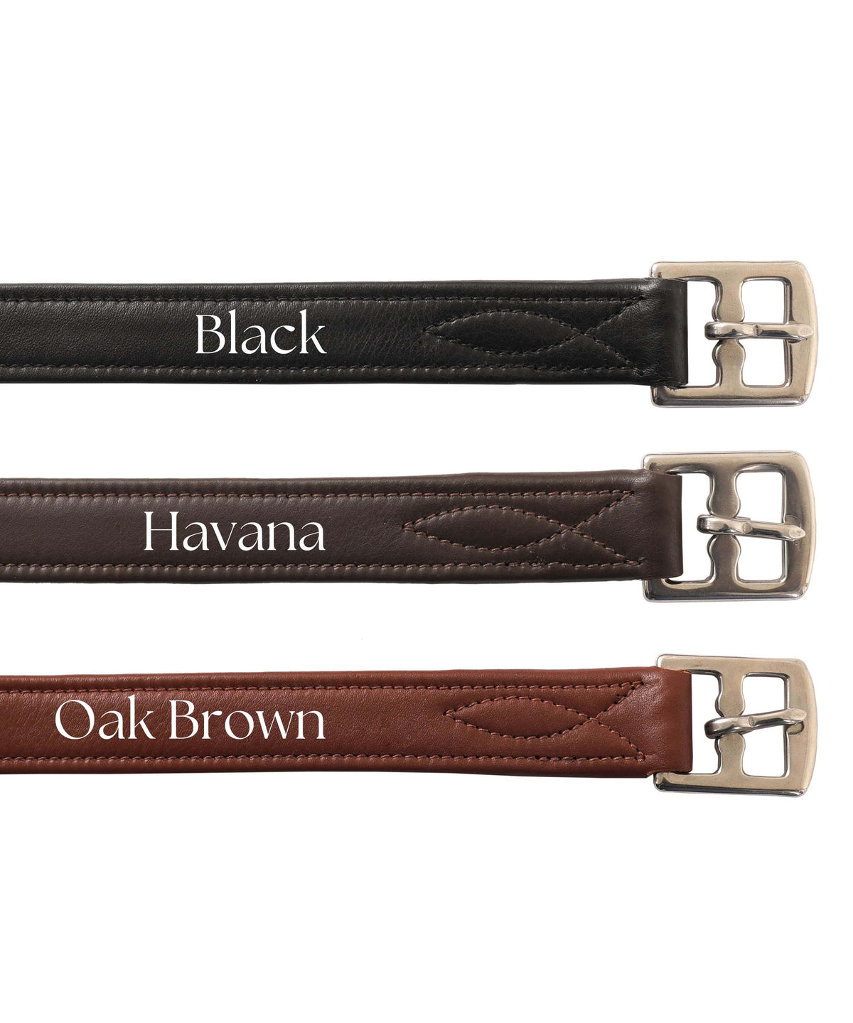 Color comparison of three buckle ends labeled Black, Havana and Oak Brown, stacked on white