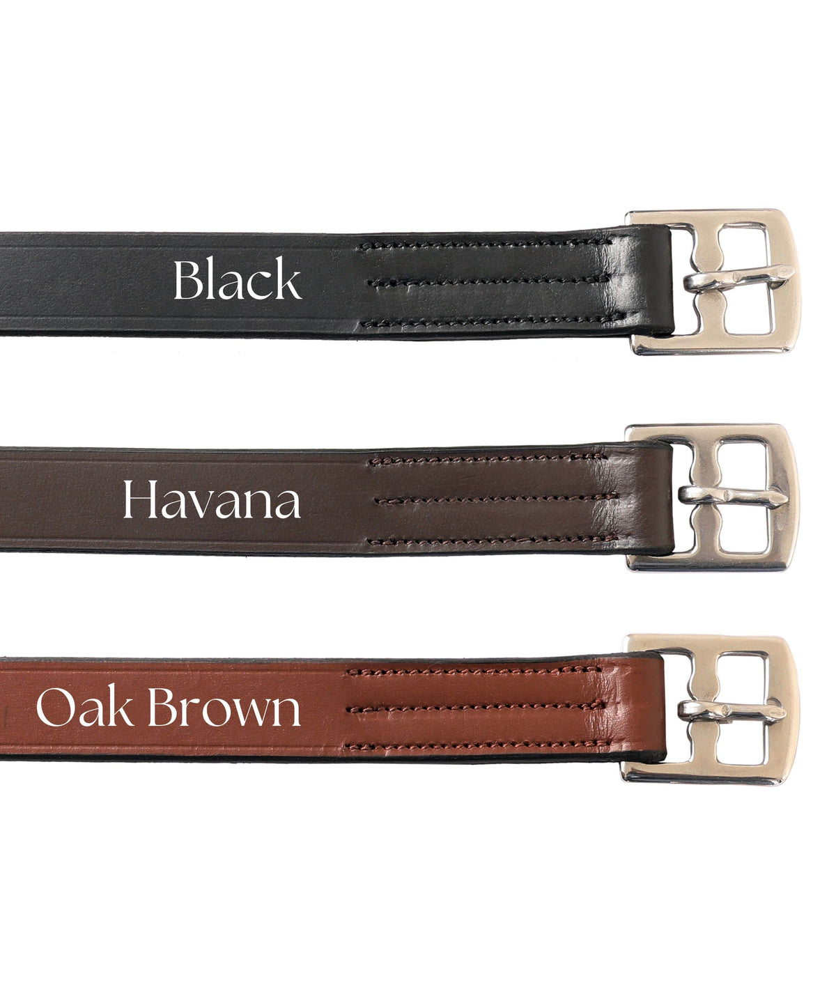 Color swatch of three buckle ends labeled Black, Havana and Oak Brown