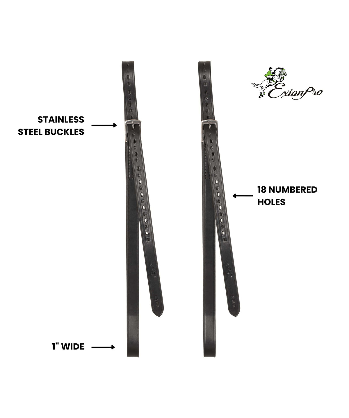 Labeled diagram of the stirrup leathers noting stainless steel buckles, 18 numbered holes and 1 inch width