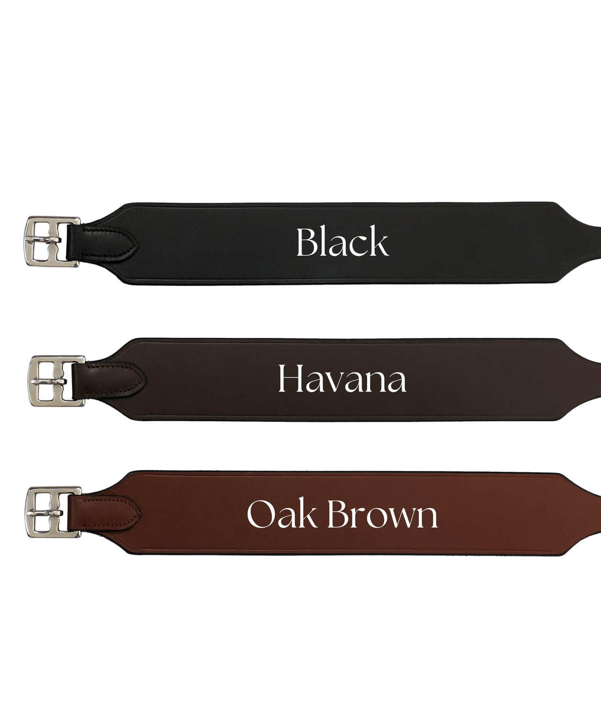 Color swatches of the stirrup leathers labeled Black, Havana and Oak Brown