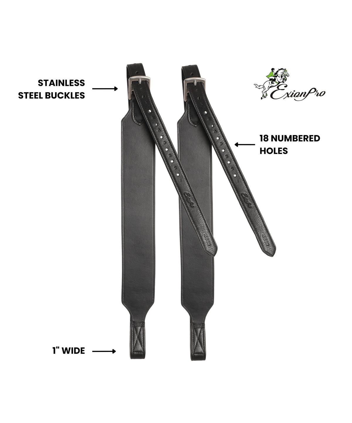 ExionPro diagram of black stirrup leathers labeled with stainless steel buckles and 18 numbered holes