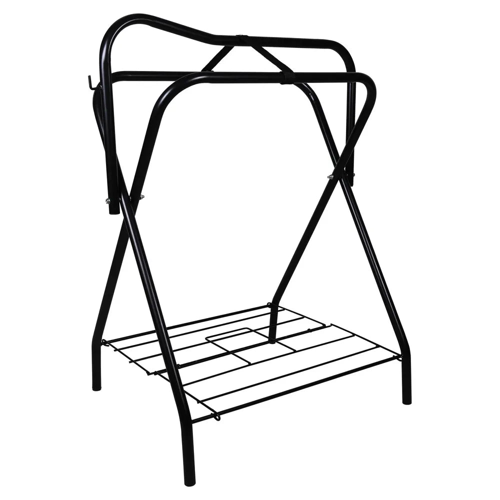 Black folding metal saddle stand with a curved top rail and a wire shelf at the base