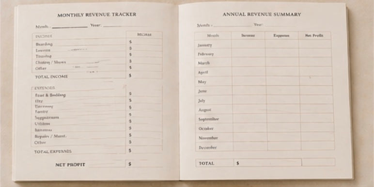 Premium barn business planner with clean typography and organized layouts for equestrian operations