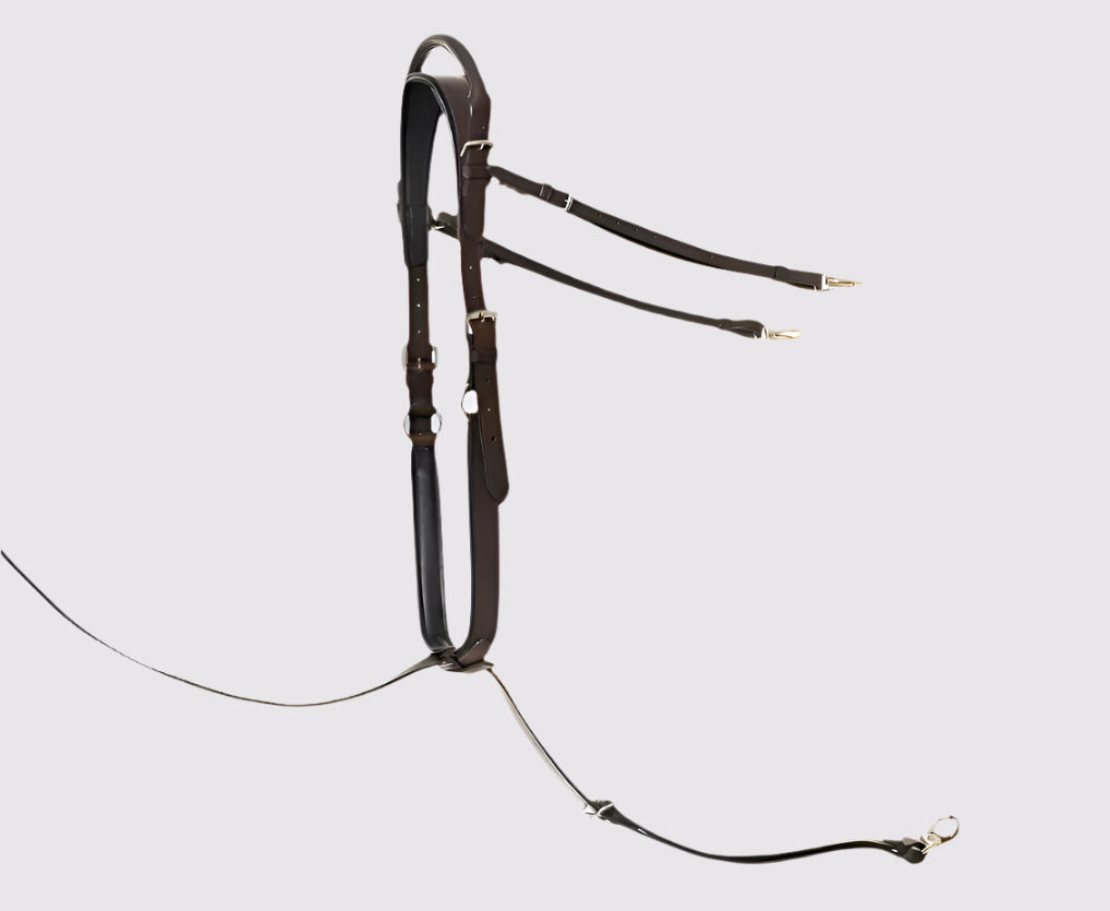 Dark brown neck strap with a running martingale attachment and two rein rings, on gray