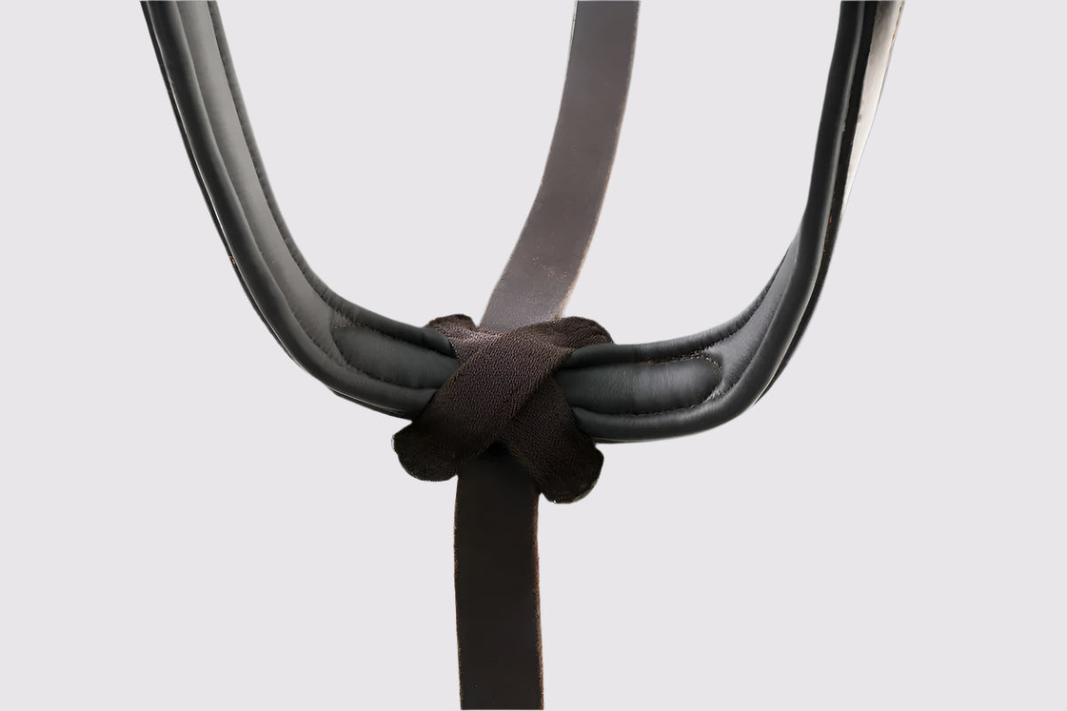 Close-up of the padded neck strap with the martingale strap looped around it